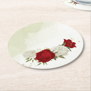 Dessous-de-verre Rond En Papier fleurs rouges feuilles vertes mariage