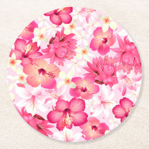 Dessous-de-verre Rond En Papier Fleurs tropicales roses et blanches
