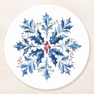 Dessous-de-verre Rond En Papier Flocon de neige de houx bleu Noël nordique