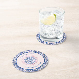 Dessous-de-verre Rond En Papier Flocon de neige rose et bleu avec bordure en Damas