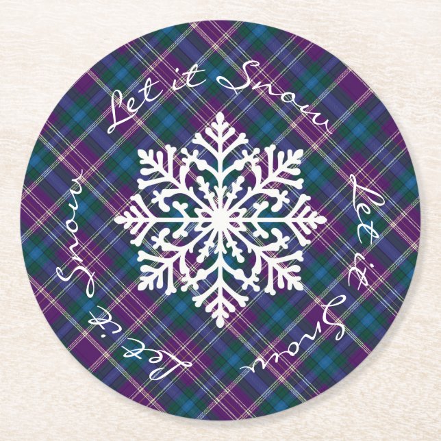Dessous-de-verre Rond En Papier Flocon de neige violet, bleu et vert (Devant)