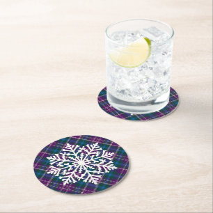Dessous-de-verre Rond En Papier Flocon de neige violet, bleu et vert