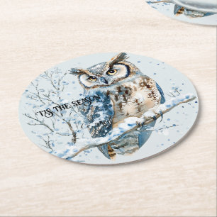 Dessous-de-verre Rond En Papier Flocons de neige d'hiver Hibou bleu Noël Neige