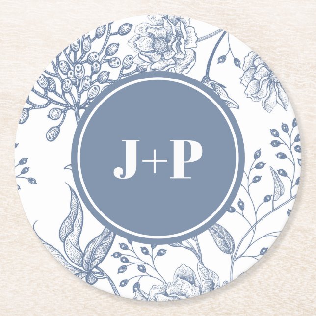 Dessous-de-verre Rond En Papier Floral Periwinkle Blue Monogram Wedding (Devant)