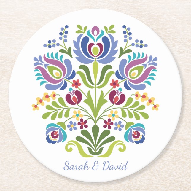 Dessous-de-verre Rond En Papier Floral Violet Design hongrois (Devant)
