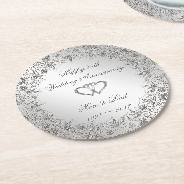 Dessous-de-verre Rond En Papier Flourish Silver 25e anniversaire Mariage (Incliné)