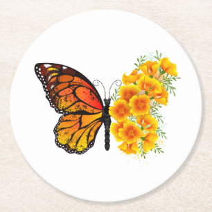 Dessous-de-verre Rond En Papier Flower Butterfly with Yellow California Poppy