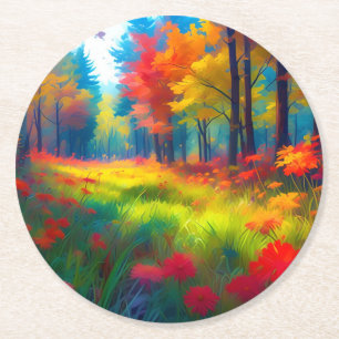 Dessous-de-verre Rond En Papier Forêt avec des arbres et des fleurs colorés