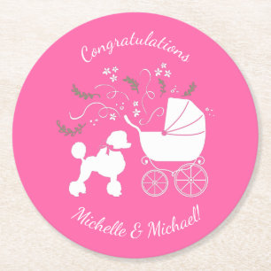 Dessous-de-verre Rond En Papier Français Poodle Chien Baby shower Chien Chiot Rose