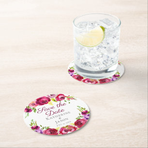 Dessous-de-verre Rond En Papier Fuchsia Pink Floral Garden Sauvez la date