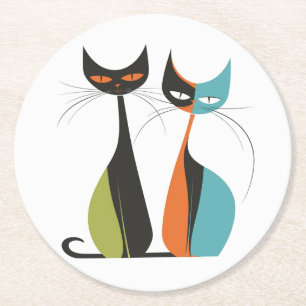 Dessous-de-verre Rond En Papier Fun Vintage MCM chats Turquoise Orange Noir