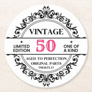 Dessous-de-verre Rond En Papier Funny 50e Anniversaire Noir et Rose Vintage