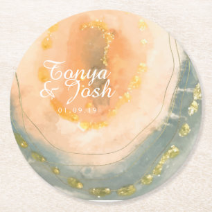 Dessous-de-verre Rond En Papier Géodes de corail d'agate aquarelle Mariage