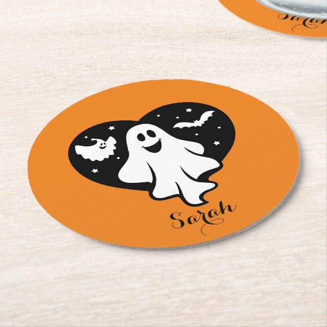 Dessous-de-verre Rond En Papier Ghost Halloween mignon Avec Coeur Et Chat (Incliné)