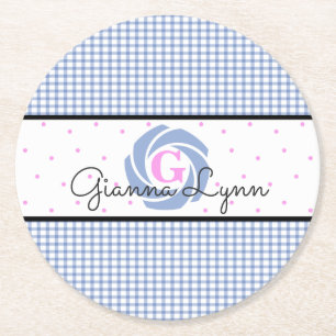 Dessous-de-verre Rond En Papier Gingham Bleu Monogrammé