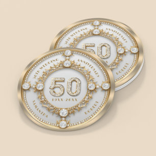 Dessous-de-verre Rond En Papier Glam Diamond & Gold Frame 50e anniversaire de Mari