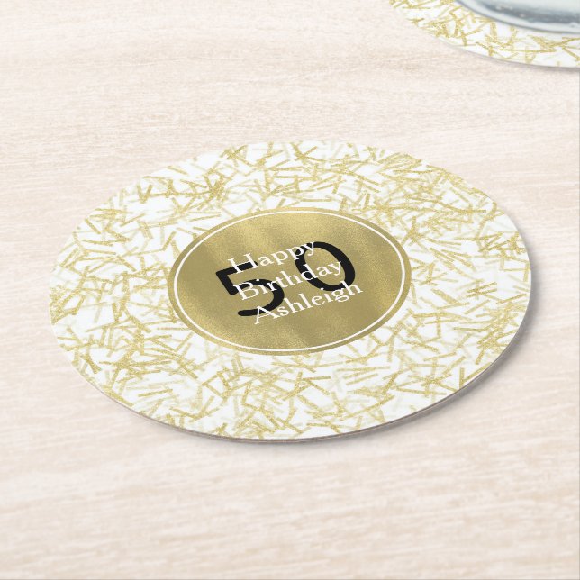 Dessous-de-verre Rond En Papier Glam en or blanc Confetti 50e anniversaire (Incliné)