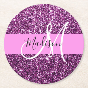 Dessous-de-verre Rond En Papier Glam Rose & Violet Paillettes Monogramme Nom