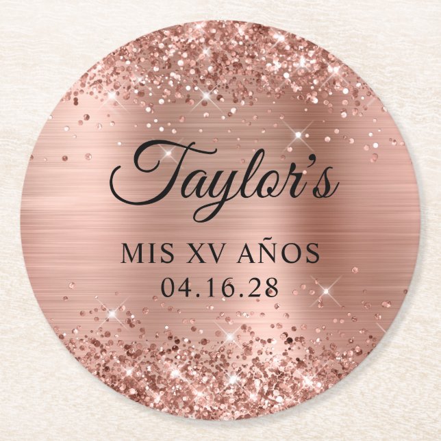 Dessous-de-verre Rond En Papier Glitter Rose Gold Foil Mis XV Años (Devant)