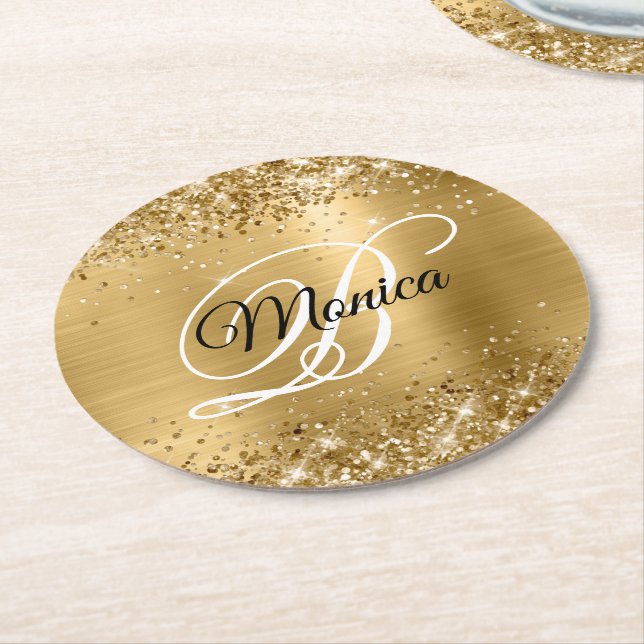 Dessous-de-verre Rond En Papier Glitterie or huile Fancy Monogramme (Incliné)