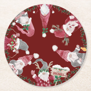 Dessous-de-verre Rond En Papier Gnomes rouges Aquarelle de Noël Gray Holly Foliage