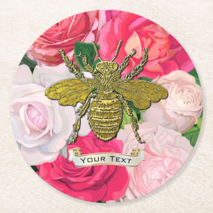 Dessous-de-verre Rond En Papier Gold Bee et Roses personnalisent