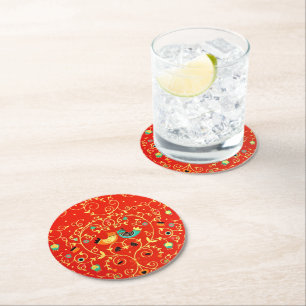 Dessous-de-verre Rond En Papier Gold Bird Couple Robin One I Love Winter Christmas