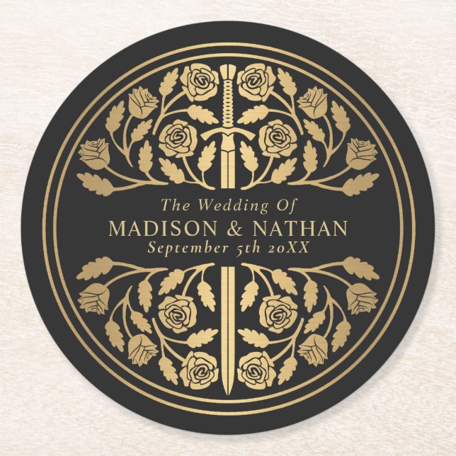 Dessous-de-verre Rond En Papier Gold Black Royal Medieval Sword Wedding (Devant)