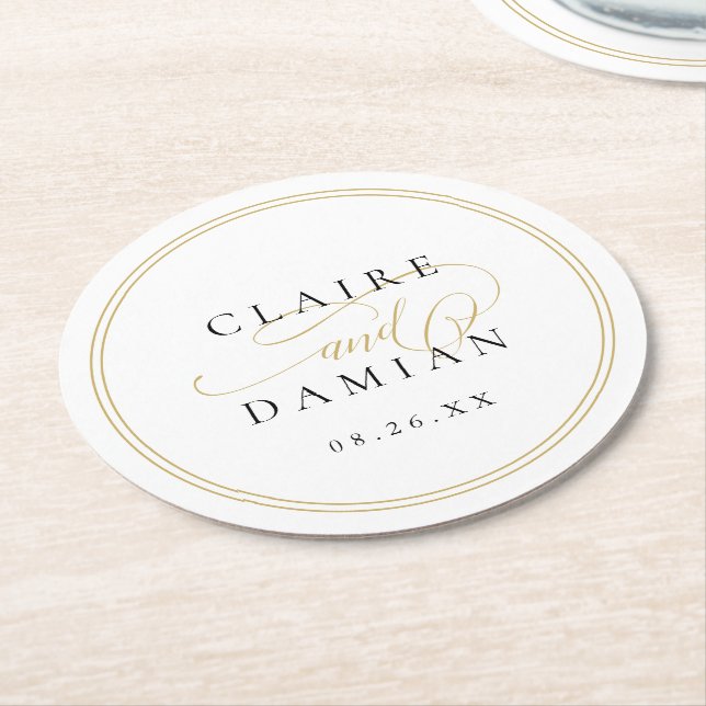 Dessous-de-verre Rond En Papier Gold Black Simple Elegance Romantique Script Maria (Incliné)