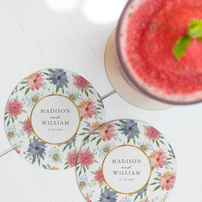 Dessous-de-verre Rond En Papier Gold Boho Chic Whimsical Fleur sauvage de verdure (Créateur téléchargé)