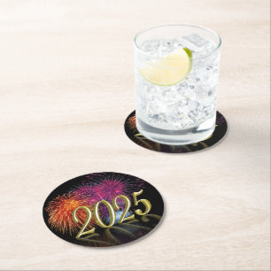 Dessous-de-verre Rond En Papier Gold Bonne année 2025 Fireworks