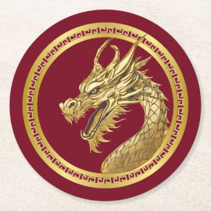 Dessous-de-verre Rond En Papier Gold Dragon-2024 Chinois Nouvel An-Rouge et Or-