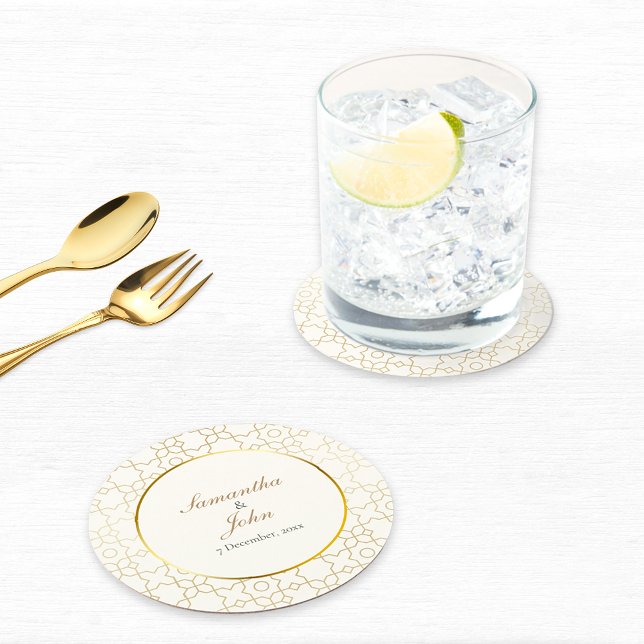Dessous-de-verre Rond En Papier Gold Geometric Art Deco Pattern Wedding (Gold & Ivory Geometric Art Deco Wedding Paper Coasters)