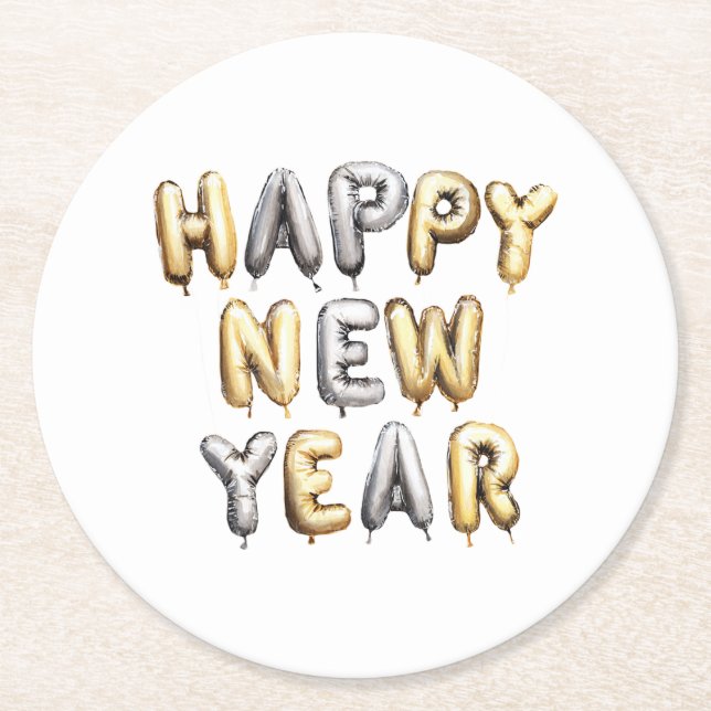 Dessous-de-verre Rond En Papier Gold Grey Happy New Year (Devant)