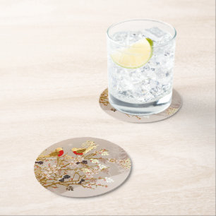 Dessous-de-verre Rond En Papier Gold hiver Oiseaux de neige Pays Noël