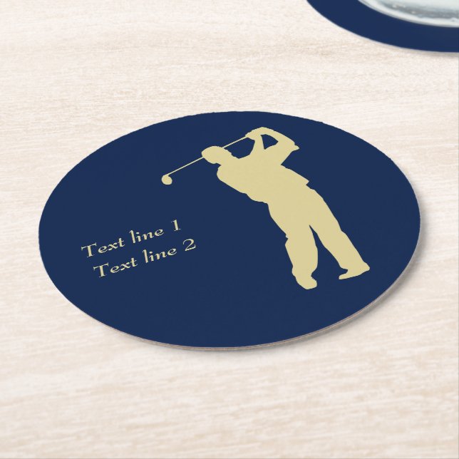 Dessous-de-verre Rond En Papier Gold Silhouette Golfer sur Blue (Incliné)