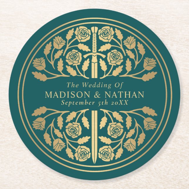 Dessous-de-verre Rond En Papier Gold Teal Royal Medieval Sword Wedding (Devant)