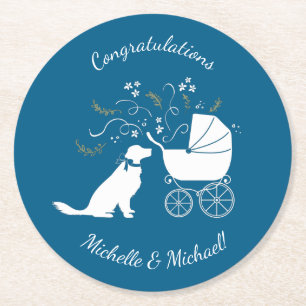Dessous-de-verre Rond En Papier Golden Retriever Baby shower chien bleu garçon
