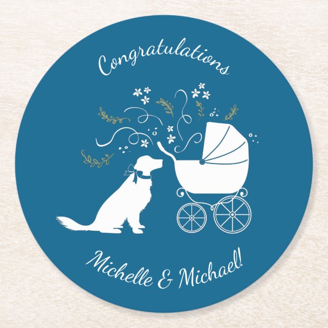 Dessous-de-verre Rond En Papier Golden Retriever Baby shower chien bleu garçon (Devant)