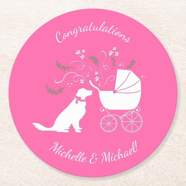 Dessous-de-verre Rond En Papier Golden Retriever Baby shower chien rose fille (Devant)