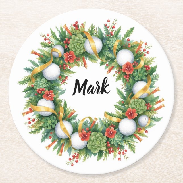 Dessous-de-verre Rond En Papier Golf Christmas Wreath with Golfer Name (Devant)
