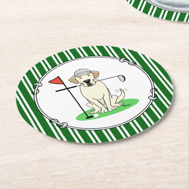 Dessous-de-verre Rond En Papier Golf Golfing Yellow Lab Labrador Retriever Chien (Incliné)