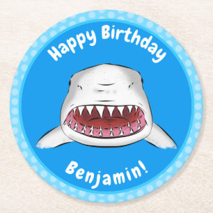 Dessous-de-verre Rond En Papier Grand requin blanc moyen dessin animé