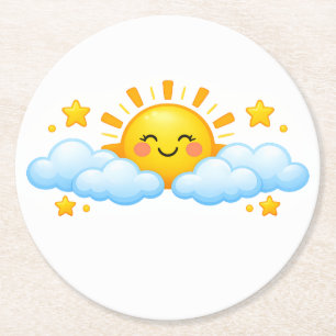 Dessous-de-verre Rond En Papier Graphisme d'art de soleil souriant bleu ciel convi