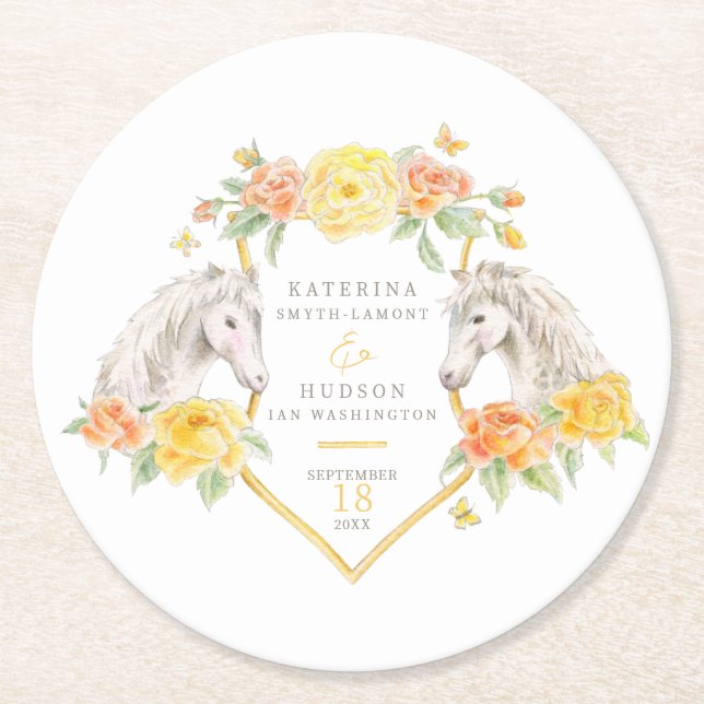 Dessous-de-verre Rond En Papier Gray horses and yellow roses monogrammed wedding (Devant)