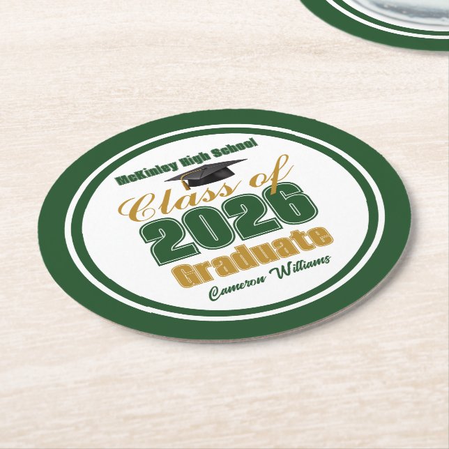 Dessous-de-verre Rond En Papier Green Gold Class of 2026 Graduation Party (Incliné)
