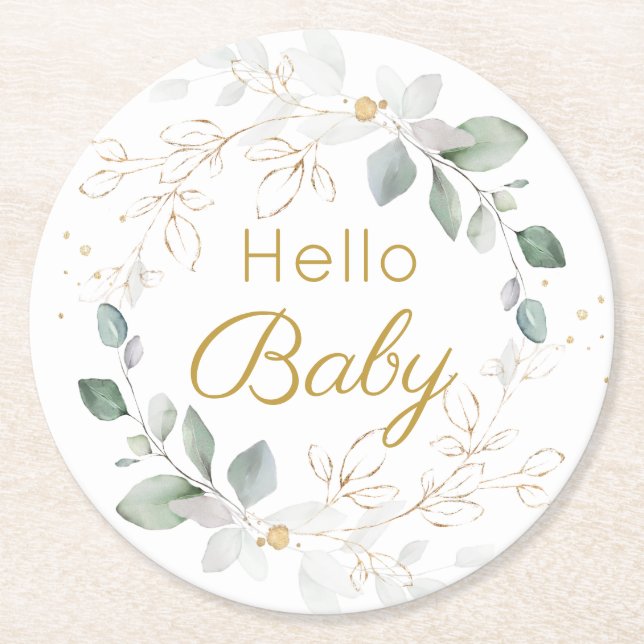 Dessous-de-verre Rond En Papier Green Gold Foliage Genre Baby shower neutre (Devant)