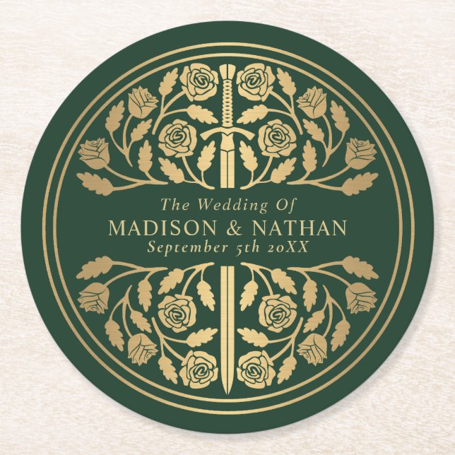 Dessous-de-verre Rond En Papier Green Royal Medieval Sword Wedding (Devant)