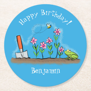 Dessous-de-verre Rond En Papier Grenouille mignonne et abeille dans le jardin dess