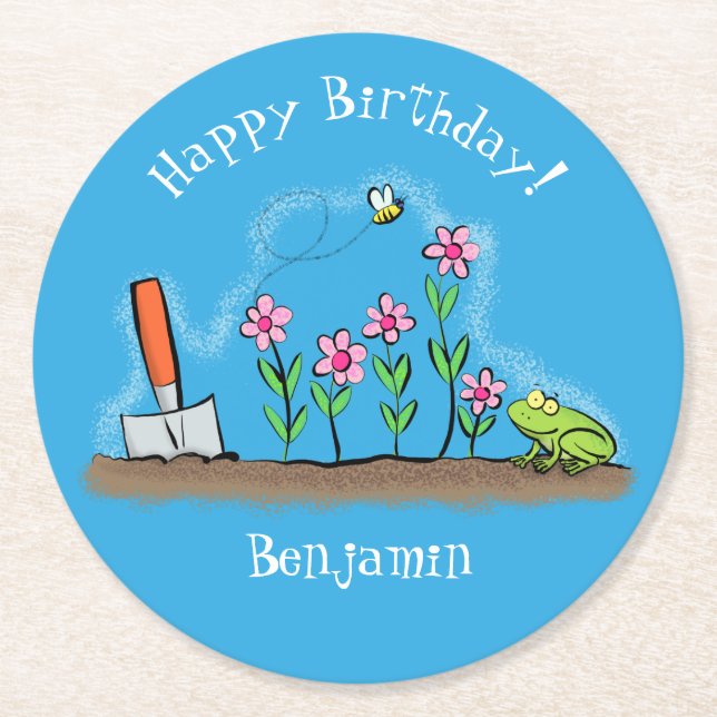 Dessous-de-verre Rond En Papier Grenouille mignonne et abeille dans le jardin dess (Devant)